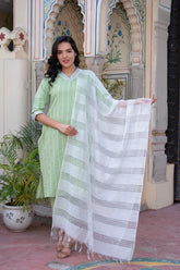Sage Green Brocade Kurta-Pant & Dupatta Set with Sequins-P1348SAGEGREEN